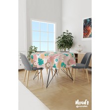 Moud's Pastel Çiçek ve Yaprak Desenli Yuvarlak Süet Dertsiz Masa Örtüsü