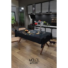 Moud's Ramazan Lacivert Ay ve Lamba Desenli Süet Kumaş Dertsiz Masa Örtüsü Kare ve Dikdörtgen Ramadan