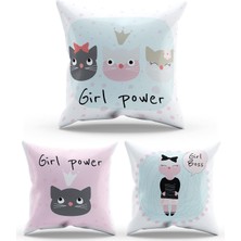 Moud's Çift Tarafı Baskılı Girl Power Desenli 3'lü Kombin Süet Kırlent Kılıfı