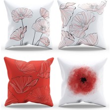 Moud's Çift Tarafı Baskılı Poppy Kırmızı Desenli 4'lü Kombin Süet Kırlent Kılıfı