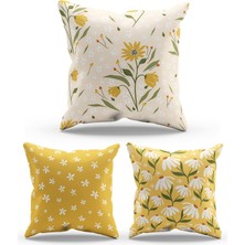 Moud's Çift Tarafı Baskılı Camomile Desenli 3'lü Kombin Süet Kırlent Kılıfı