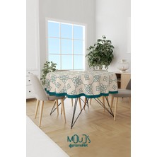 Moud's Beyaz Süsleme Islamik Desenli Süet Kumaş Dertsiz Yuvarlak Masa Örtüsü