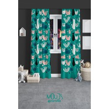Moud's Yeşil Kediler Desenli Fon Perde Çocuk ve Bebek Odası Süet Baskılı Ekstrafor Büzgü 2 Kanat Prd-54