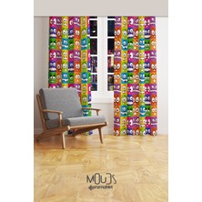 Moud's Funny Face Desenli Fon Perde Genç Odası Oturma Odası Süet Baskılı Ekstrafor Büzgü 2 Kanat PRD-2012