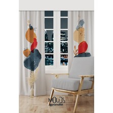 Moud's Japanese Stone Desenli Süet Oturma Odası Salon Fon Perde Baskılı Ekstrafor Büzgü 2 Kanat PRD-1109