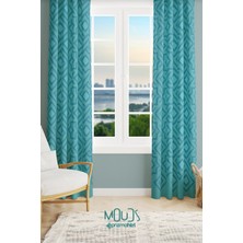 Moud's Turkuaz Beşgen Desenli Süet Oturma Odası Salon Fon Perde Baskılı Ekstrafor Büzgü 2 Kanat PRD-1018