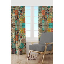 Moud's Osmanlı Desenli Süet Oturma Odası Salon Fon Perde Baskılı Ekstrafor Büzgü 2 Kanat PRD-1084