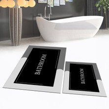 Viyana Home Dijital Baskılı Kaymaz Taban Yıkanabilir Ikili Banyo Paspas Klozet Takımı, V-Klozet-02-Siyah,