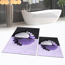 Viyana Home Dijital Baskılı Kaymaz Taban Yıkanabilir Ikili Banyo Paspas Klozet Takımı, V-Klozet-17-Mor,