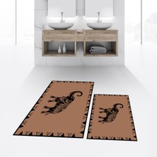 Viyana Home Dijital Baskılı Kaymaz Taban Yıkanabilir Ikili Banyo Paspas Klozet Takımı, V-Klozet-32-Kahve,