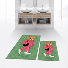 Viyana Home Dijital Baskılı Kaymaz Taban Yıkanabilir Ikili Banyo Paspas Klozet Takımı, V-Klozet-34-Yeşil,