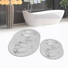 Viyana Home Dijital Baskılı Kaymaz Taban Yıkanabilir Oval Ikili Banyo Paspas Klozet Takımı, V-O-Klozet-16-Gri,