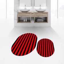 Viyana Home Dijital Baskılı Kaymaz Yıkanabilir Oval Ikili Banyo Paspas Klozet Takımı, V-O-Klozet-50-Kırmızı,
