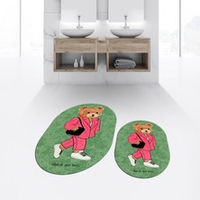 Viyana Home Dijital Baskılı Kaymaz Taban Yıkanabilir Oval Ikili Banyo Paspas Klozet Takımı, V-O-Klozet-34-Yeşil,