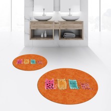 Viyana Home Dijital Baskılı Kaymaz Yıkanabilir Yuvarlak Ikili Banyo Paspas Klozet Takımı, V-Y-Klozet-41-Turuncu,