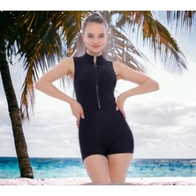 Shopiolog Fermuarlı Düz Şortlu Şeritli Yüzücü Mayo