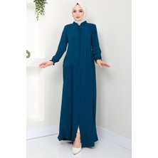 Hafsa Mina Önü Fırfırlı Asimetrik Kesim Ferace Petrol HM2378