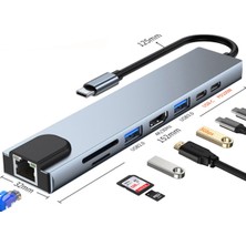 Pistech 8in1 USB Type-C Hub Port Adaptör Uyumlu  HDMI USB Ethernet 100W Pd Girişli