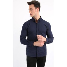 Twovol Armür Desenli Likralı Lacivert Gömlek