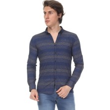 Twovol Full Likralı Desenli Lacivert Gömlek