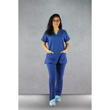 Cinaruniforma Çınar Üniforma - Likralı V-Yaka Kadın Takım Üniforma - Fırtına Mavisi