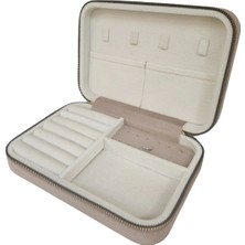 Özer Kutu Fermuarlı Deri (Ahşap Kasalı )Büyük Boy Takı, Seyahat ve Mücevher Çantası Vizon Süet (14 x 21 cm)