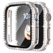 MobaxAksesuar Apple Watch 7/8/9 41mm Ekran Koruyuculu Tek Sıra Kenar Taşlı Sert PC Kasa Koruyucu