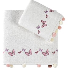 Pupilla Collection Sıla Ponponlu Penye 2'li Banyo Havlu Seti (50*90+70*140) Kelebek Desen - Ekru