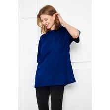 Yakamel Kadın Oversized Kısa Kollu Penye T-Shirt