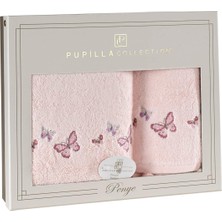 Pupilla Collection Sıla Ponponlu Penye 2'li Banyo Havlu Seti (50*90+70*140) Kelebek Desen - Pembe
