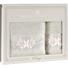 Pupilla Collection Eva Penye Nakışlı 2'li Banyo Havlu Seti (50*90+70*140) Tomurcuk Desen - Bej