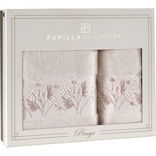 Pupilla Collection Luiza Penye El Işi Nakışlı 2'li Banyo Havlu Seti (50*90+70*140) Yıldız Desen - Bej