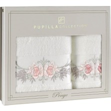 Pupilla Collection Eva Penye Nakışlı 2'li Banyo Havlu Seti (50*90+70*140) Tomurcuk Desen - Krem
