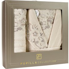 Pupilla Collection 3 Parça Bambu Güpürlü Vanetta Kadın Bornoz Seti - Pudra