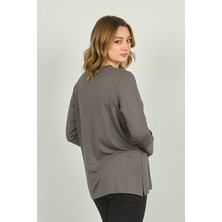 Detay Triko Kadın Bisiklet Yaka Desenli Uzun Kol Bluz 4524 Gri