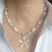 Devi Fashion Mavi Doğal Sedef Taşlı Papatya Uçlu Kalpli Incili Yazlık Kolye