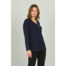 Detay Triko Kadın V Yaka Taş Süslemeli Uzun Kol Bluz 4588 Lacivert