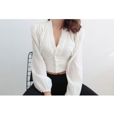 Mois Atelier Beyaz Gömlek Crop Tasarım Büyük Beden Bayramlık