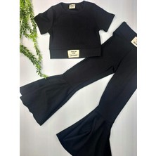 Timi Kids Kız Çocuk Siyah Fitilli Kumaş Ispanyol Paça Crop Ikili Takım