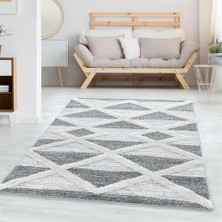 Carpettex Yumuşak Bukle Tabanlı Modern Kabartmalı 3D Üçğen Desenli Krem Gri Renkli Halı