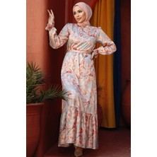 Neva Style Çiçek Desenli Turuncu Tesettür Elbise 60901T