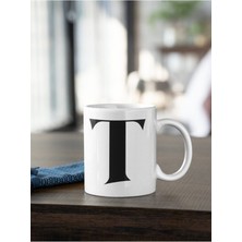 Azresa T Harfi Siyah Baskılı Kupa Beyaz Porselen