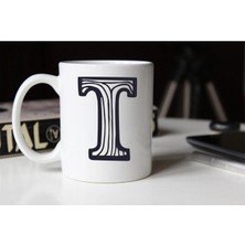 Azresa Siyah Beyaz Çizgili T Harfli Porselen Kupa TFSBH-023