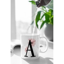 Azresa A Harfi Pembe Çiçek Baskılı Kupa Beyaz