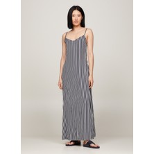 Tommy Hilfiger V Yaka Çizgili Lacivert Uzun Kadın Elbise Fluıd Strıpe Ankle Slıp Dress
