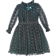 Bebelop Kız Çocuk Büyük Puantiyeli Tokalı Tül Abiye Düğün Elbisesi