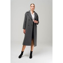 Olcay 3860-Y 1004 Koyu Gri Kadın Kruvaze Ara Boy Oversize Kaban