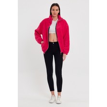 Kef Clothing Fuşya Kadın Hırkası, Fermuarlı Hırka, Oversize Hırka, Peluş Hırka
