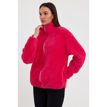 Kef Clothing Fuşya Kadın Hırkası, Fermuarlı Hırka, Oversize Hırka, Peluş Hırka
