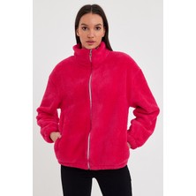 Kef Clothing Fuşya Kadın Hırkası, Fermuarlı Hırka, Oversize Hırka, Peluş Hırka